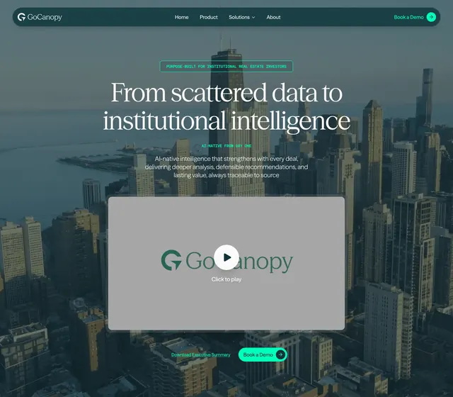 GoCanopy real estate skyline video hero, minimal, dark-mode, dark