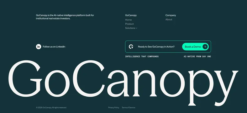 GoCanopy site footer with oversized wordmark, minimal, dark-mode, dark