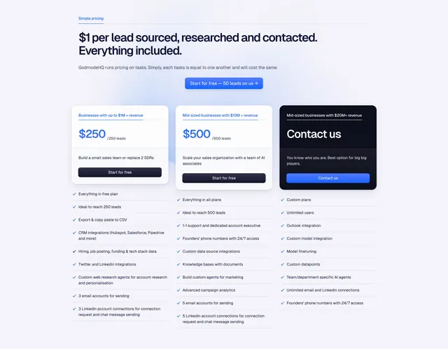 Godmode three-tier pricing with dark contact card, light-mode, minimal, light