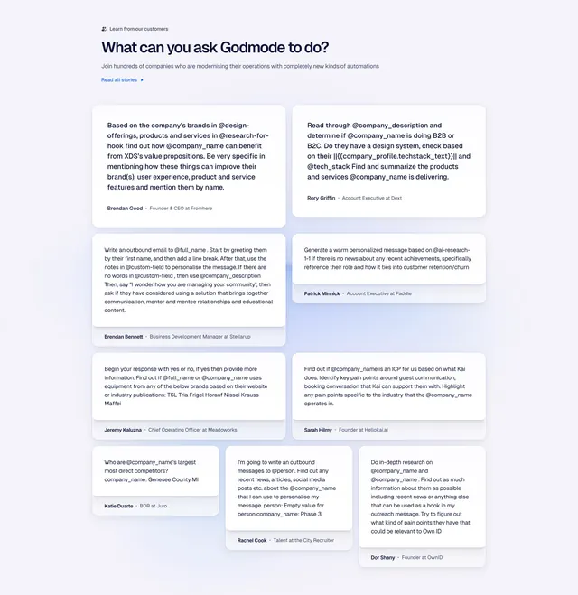 Godmode prompt-card testimonial mosaic, light-mode, minimal, light