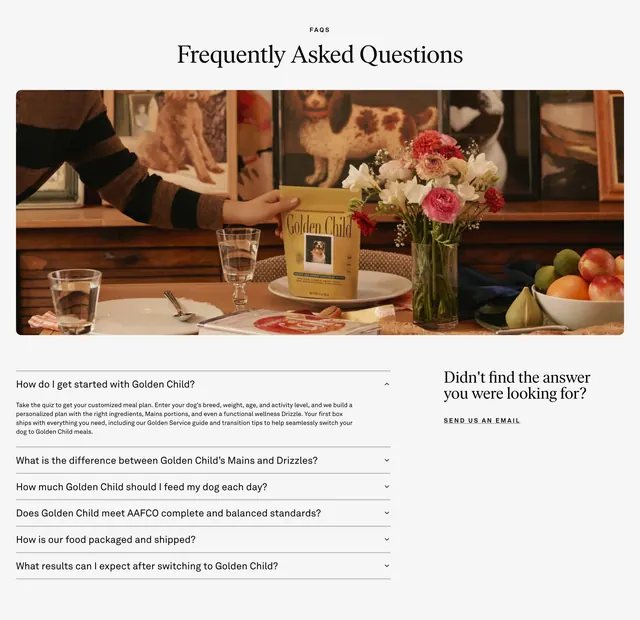 Golden Child FAQ with lifestyle hero image, minimal, light-mode, light