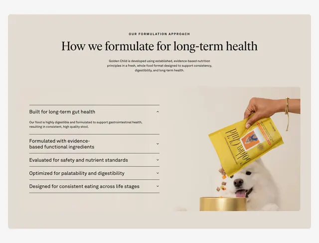 Golden Child formulation accordion feature, minimal, light-mode, light