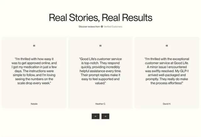 Good Life verified testimonial carousel, minimal, light-mode, light