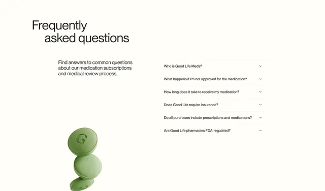 Good Life FAQ with 3D pill graphic, minimal, light-mode, light