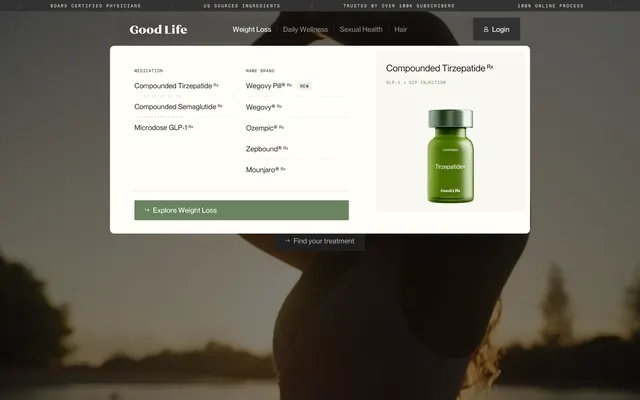 Good Life weight loss mega menu, minimal, light-mode, light