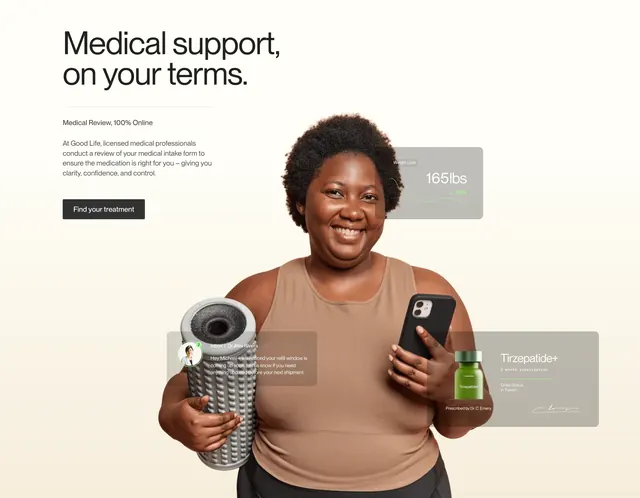 Good Life medical support hero with UI cards, minimal, light-mode, light