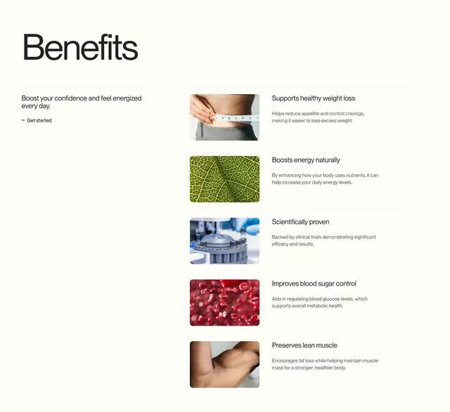 Good Life benefits list with thumbnails, minimal, light-mode, light