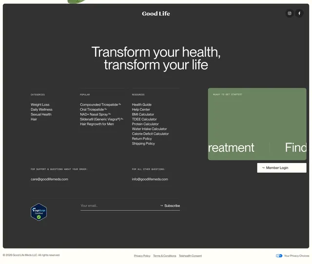 Good Life dark mega footer, minimal, dark-mode, dark
