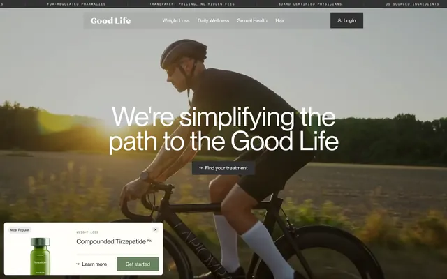 Good Life cyclist hero with product card, minimal, photographic, light