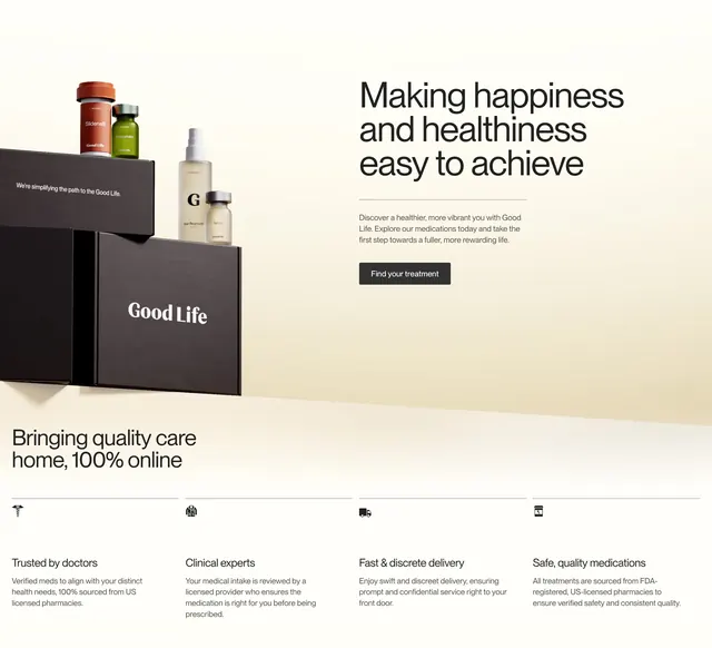 Good Life product stack hero with four trust pillars, minimal, light-mode, light