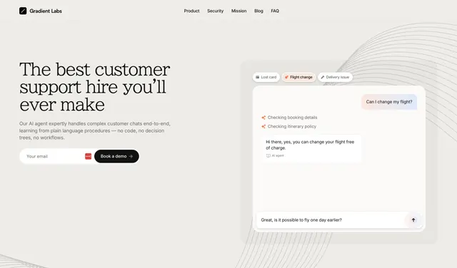 Gradient Labs split hero with chat mockup, light-mode, minimal, light