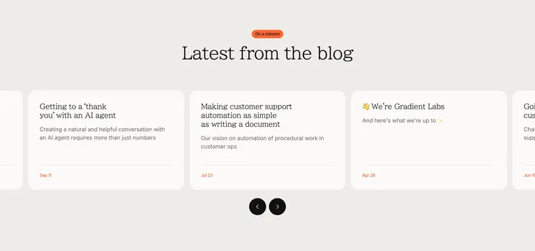 Gradient Labs blog carousel with arrow controls, light-mode, minimal, light