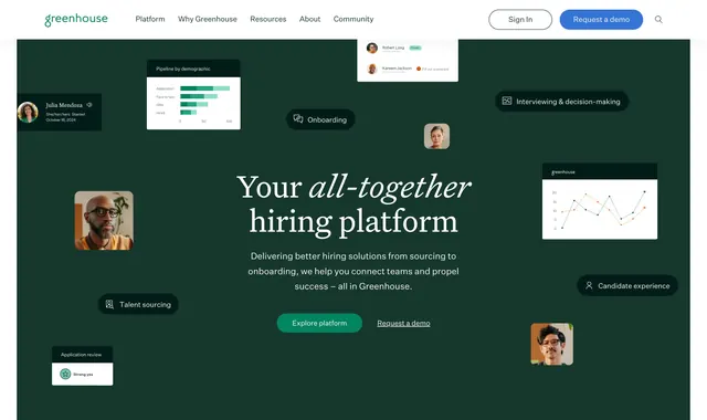 Greenhouse floating-UI dark green hero, dark-mode, editorial, dark