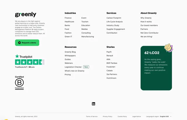 Greenly comprehensive footer with CO2 card, minimal, corporate-clean, light