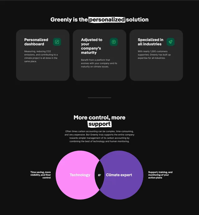 Greenly personalized features and venn, minimal, dark-mode, dark