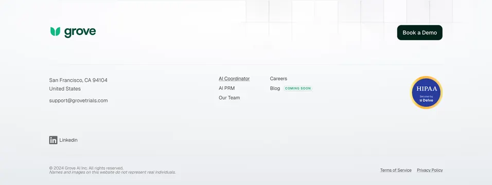 Grove SaaS footer with HIPAA badge, light-mode, minimal, light
