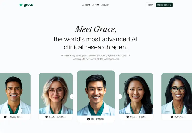 Grove Grace AI agent hero carousel, light-mode, minimal, light
