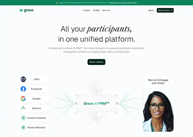 Grove AI PRM integration hub hero, light-mode, minimal, light