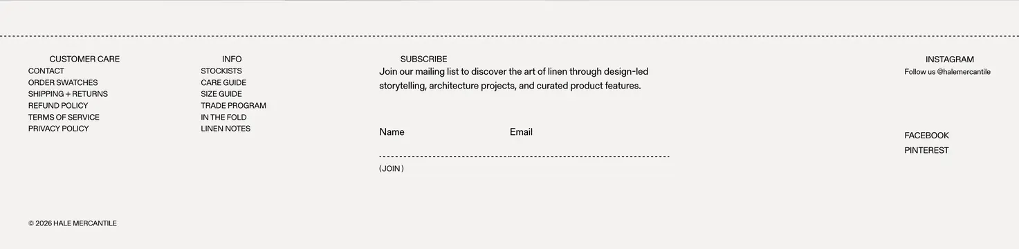 Hale Mercantile four-column footer, light-mode, minimal, light