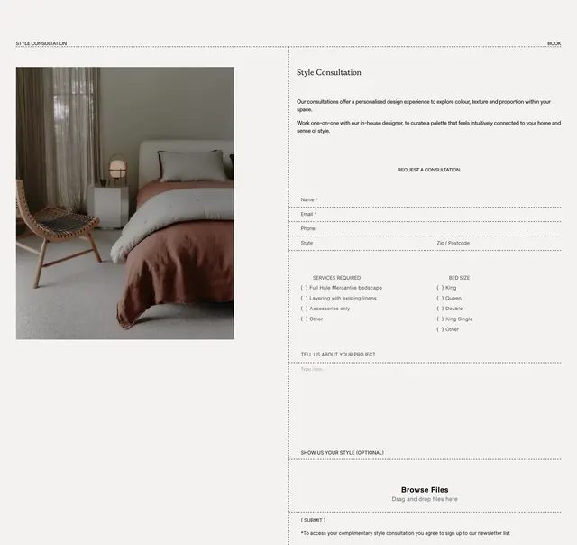 Hale Mercantile style consultation form, light-mode, minimal, light
