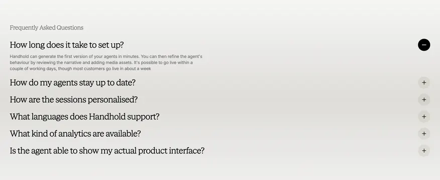Handhold serif FAQ accordion, light-mode, minimal, light