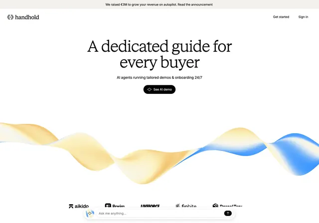 Handhold AI demo agent homepage hero, light-mode, minimal, light