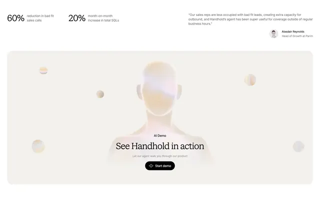 Handhold stats testimonial and demo CTA, light-mode, minimal, light