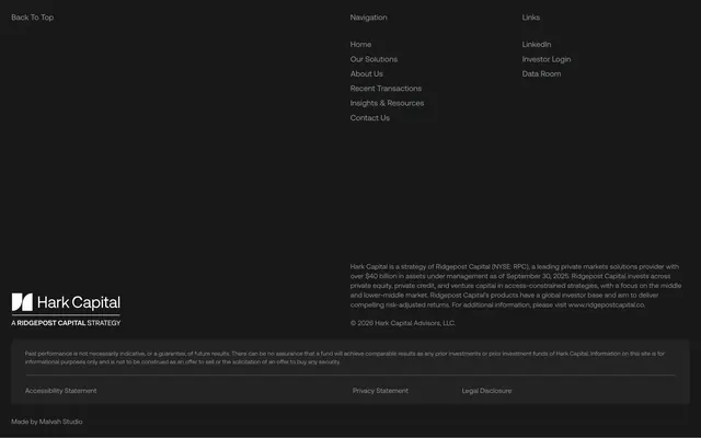 Hark Capital dark corporate footer, dark-mode, minimal, dark