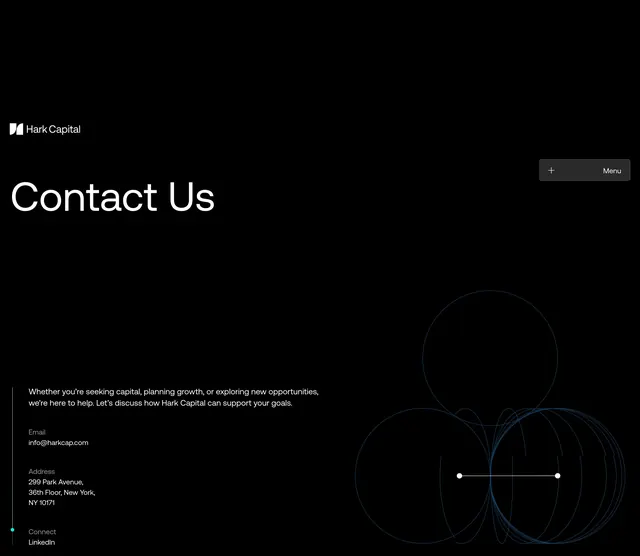 Hark Capital contact page hero, dark-mode, minimal, dark