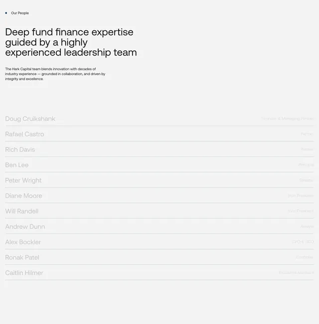 Hark Capital leadership team list, light-mode, minimal, light