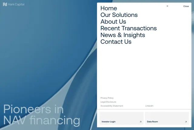 Hark Capital full-screen nav overlay, light-mode, minimal, light