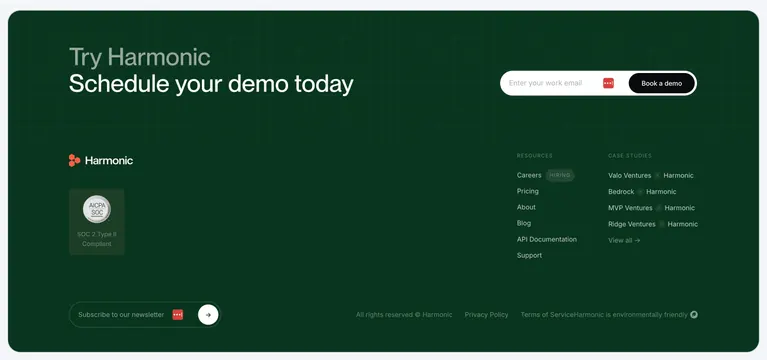 Harmonic dark-green CTA footer, dark-mode, minimal, dark