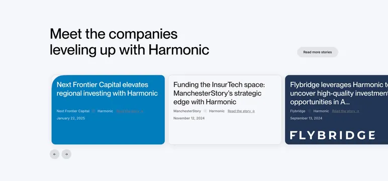 Harmonic customer-story card slider, light-mode, minimal, light