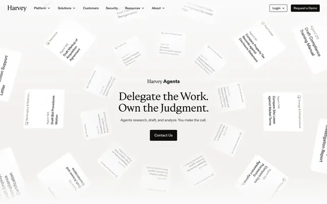 Harvey Agents delegate work hero, light-mode, minimal, light