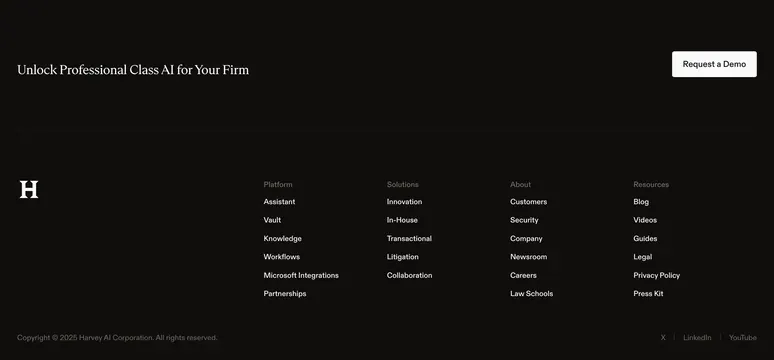 Harvey dark footer with demo CTA, dark-mode, minimal, dark