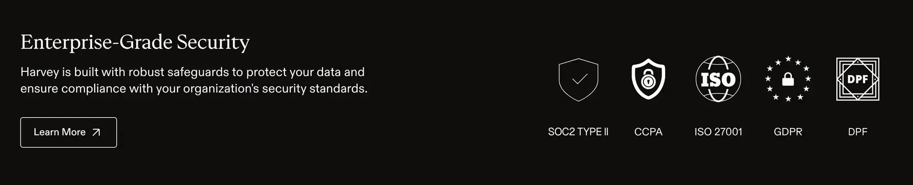 Harvey enterprise security compliance logos, dark-mode, minimal, dark