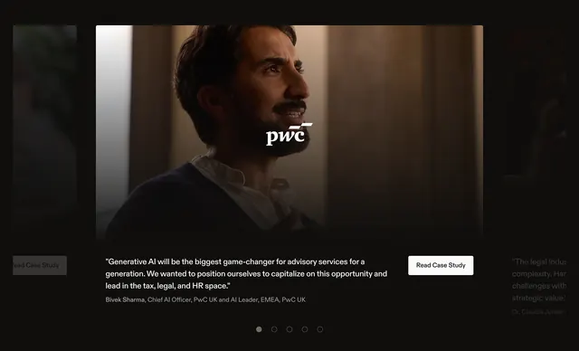 Harvey PwC testimonial carousel dark, dark-mode, minimal, dark