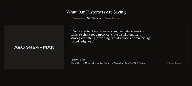 Harvey tabbed customer testimonial, dark-mode, minimal, dark