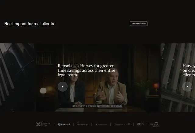 Harvey video testimonial carousel with logo bar, dark-mode, minimal, dark