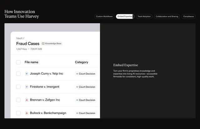 Harvey tabbed product feature with UI mockup, dark-mode, minimal, dark