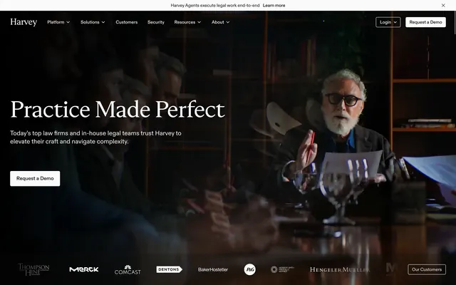 Harvey cinematic legal hero with logo bar, dark-mode, minimal, dark