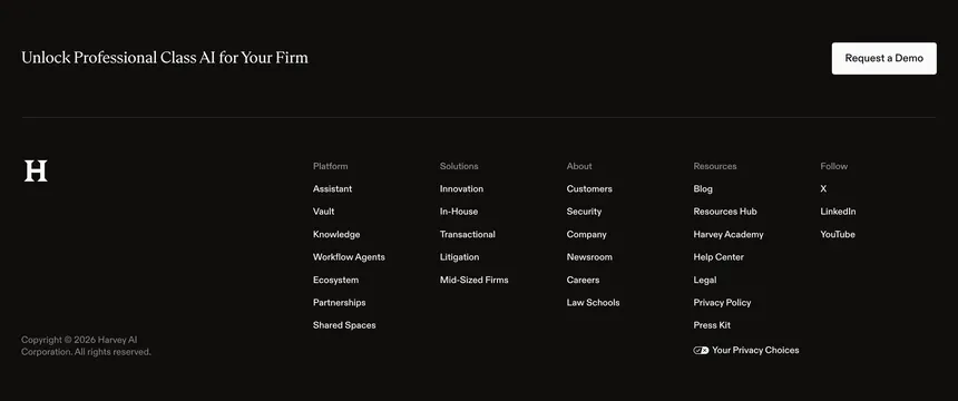 Harvey footer with demo CTA band, dark-mode, minimal, dark