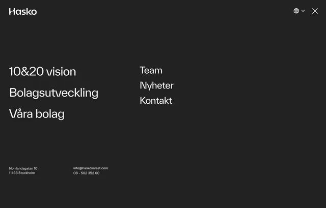 Hasko full-screen dark menu overlay, minimal, dark-mode, dark