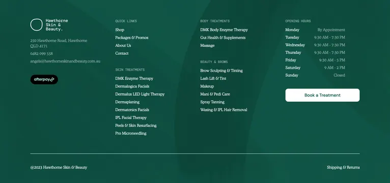 Hawthorne Skin multi-column spa footer, dark-mode, minimal, dark
