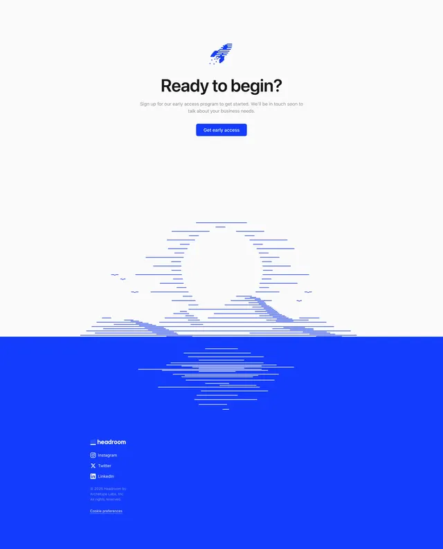 Headroom CTA-into-footer with ASCII globe, light-mode, minimal, light