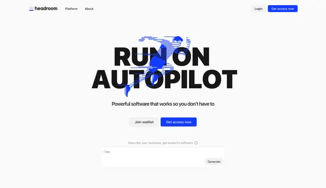 Headroom oversized "Run on Autopilot" hero, light-mode, minimal, light