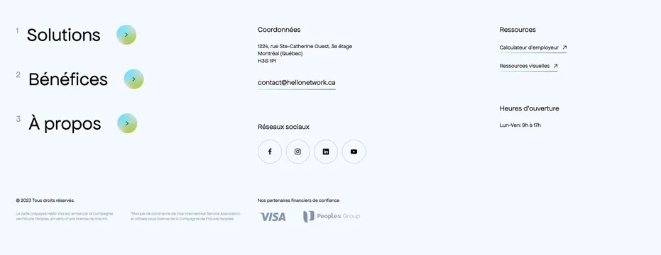 Hello Network French footer with gradient nav pills, minimal, light-mode, light