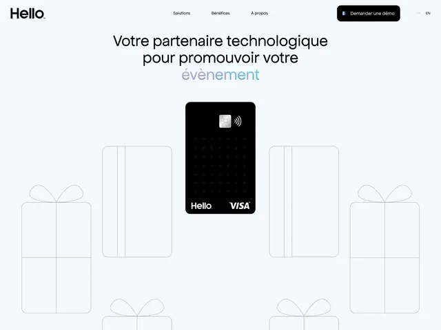 Hello Network card hero with wireframe gifts, minimal, light-mode, light