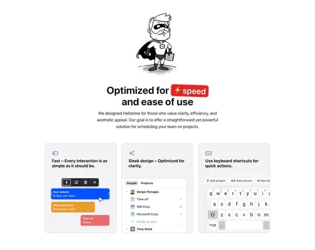 Hellotime three-card UI feature row, light-mode, minimal, light