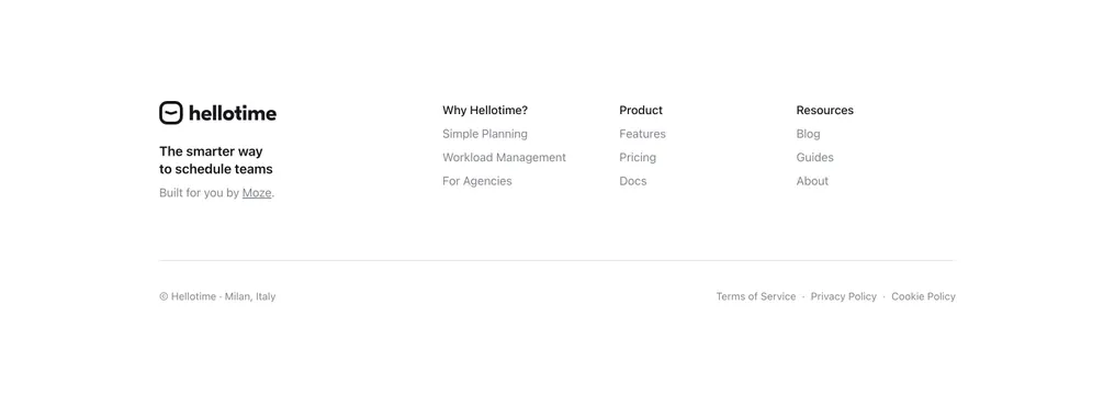 Hellotime minimal four-column footer, light-mode, minimal, light